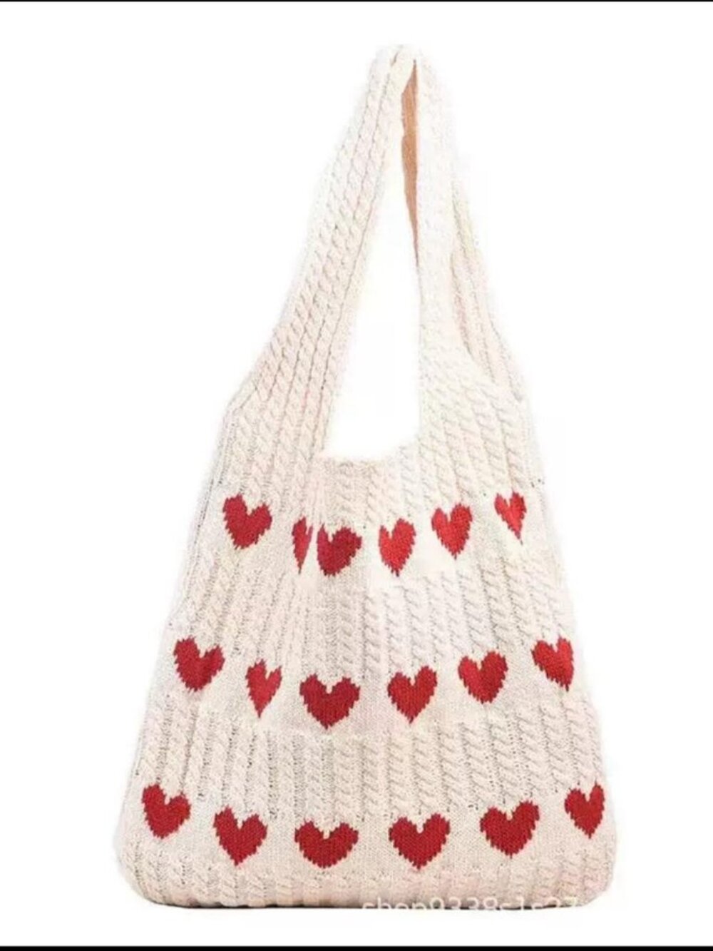 Crochet Knit Beach Tote Bag with Heart Pattern (Red Heart)